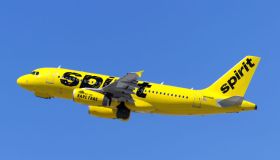 A Spirit Airlines Airbus 319 takes off from Los Angeles at...