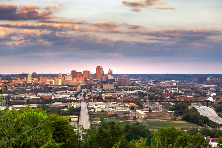 Cincinnati Ohio Skyline at Sunset with Ohio River and Bridges