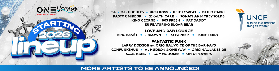 One Voyage music festival poster featuring lineup of artists performing in 2026 including T.I., D.L. Hughley, Rick Ross, Keith Sweat, DJ Kid Capri, and more.