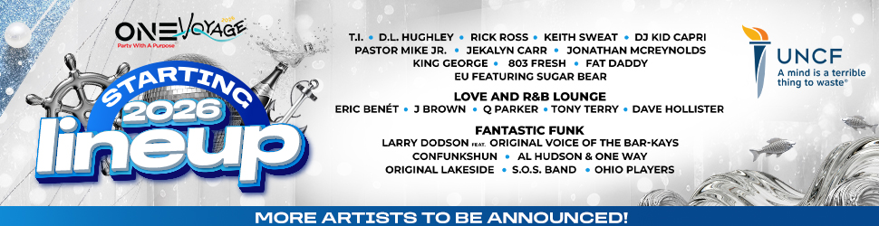 One Voyage music festival poster with lineup of artists including T.I., D.L. Hughley, Rick Ross, Keith Sweat, DJ Kid Capri, Pastor Mike Jr., Jekalyn Carr, Jonathan McReynolds, King George, 303 Fresh, Fat Daddy, and more.