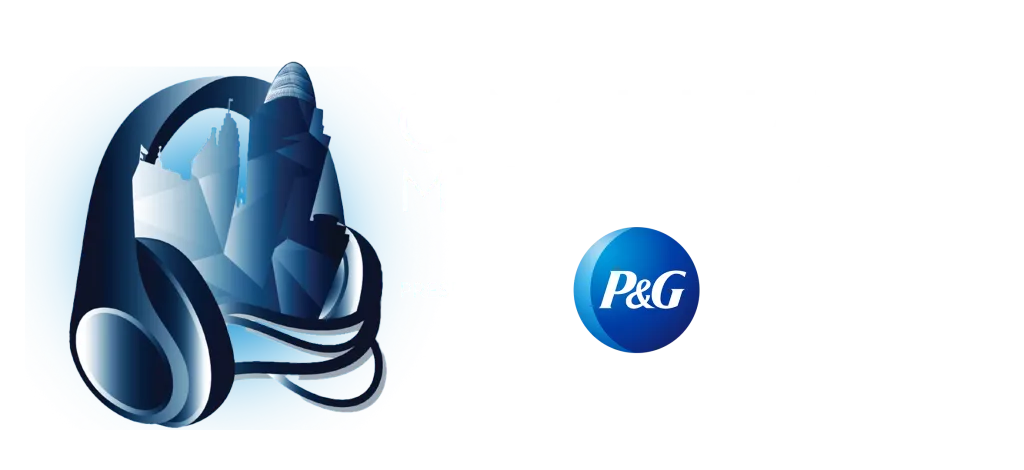 Stylized headphones with a P&G logo, against a backdrop of abstract blue shapes.