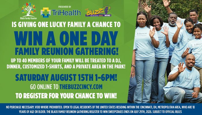 A group of people in matching t-shirts celebrating and posing for a family reunion gathering, with text promoting a chance to win a one-day family reunion event.